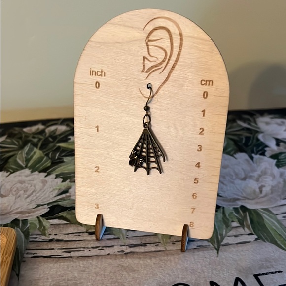 Brass Spider Web Dangle Earrings - Picture 5 of 5